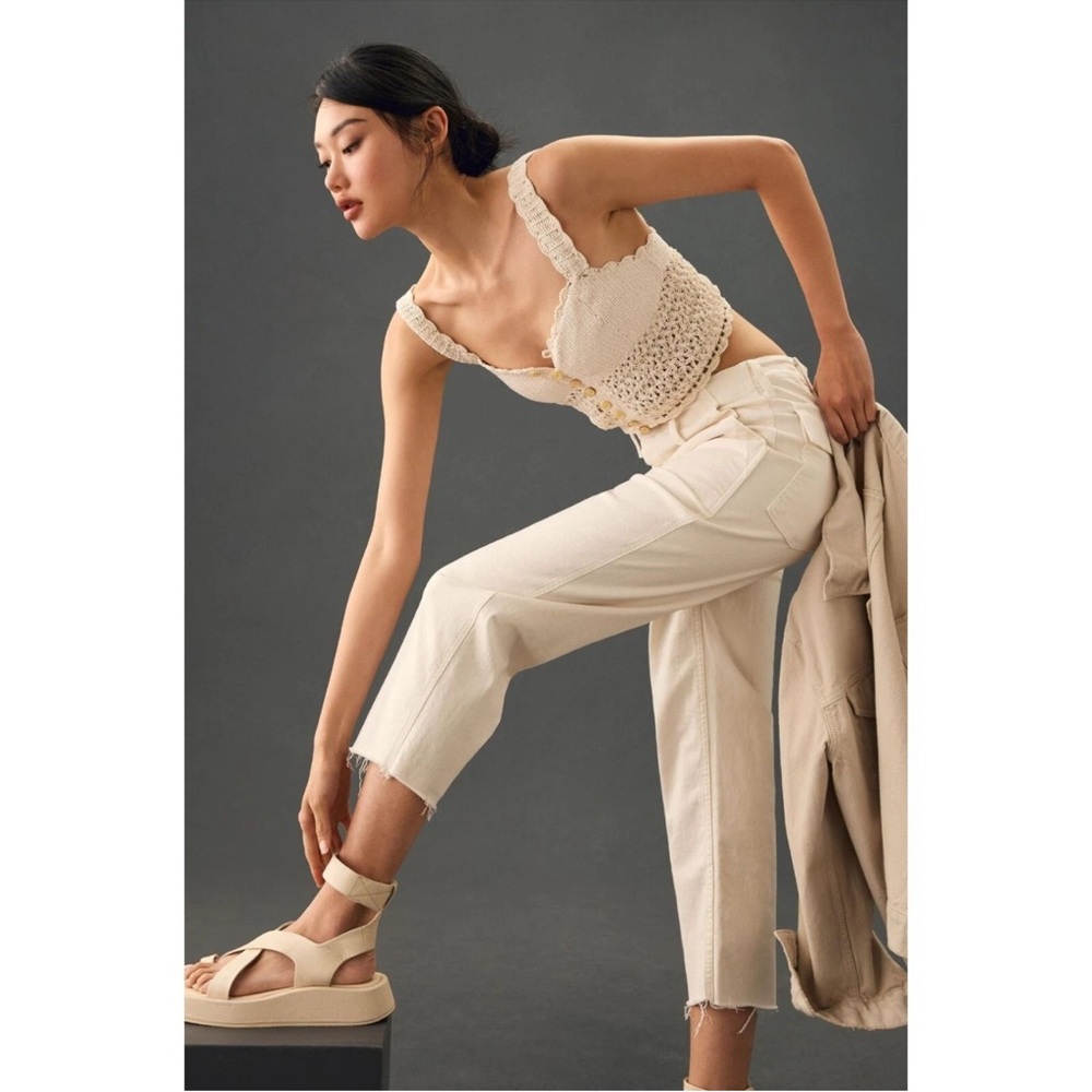 Mother Patch Pocket Private Ankle Fray Pants Size 25 Cream Puff Ivory High Rise